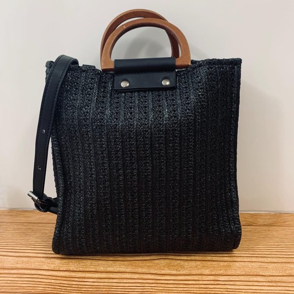 Woven Style Wood Handle Bag With Strap Black - Picture 1 of 9